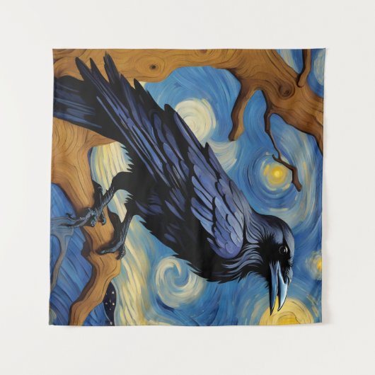 Ein Rabe in einer alten Eichenbaumnacht Wandteppich (Vorderseite (Horizontal))