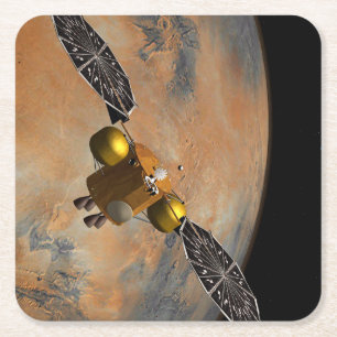 Ein Raumfahrzeug, das Mars umkreist. Rechteckiger Pappuntersetzer