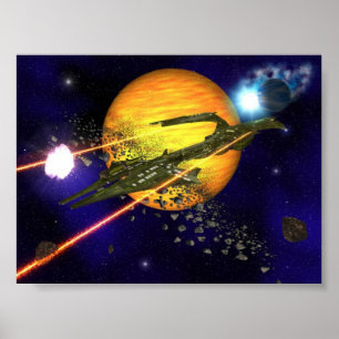 Ein Raumschiff, das Asteroiden eliminiert Poster