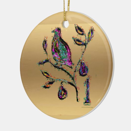 Ein Rebhuhn in einer Birnenbaum-Golddekoration Keramik Ornament (Links)