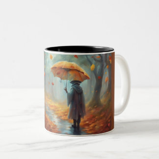 Ein regnerischer Herbsttagsspaziergang im Wald Zweifarbige Tasse
