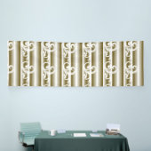 Ein reichlich farbiger Teppich weist ein symmetris Banner (Messeveranstaltung)