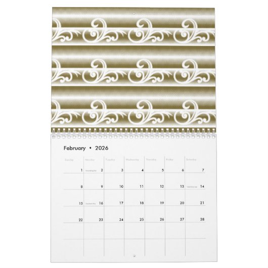 Ein reichlich farbiger Teppich weist ein symmetris Kalender (Feb 2026)