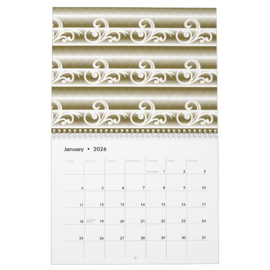 Ein reichlich farbiger Teppich weist ein symmetris Kalender (Jan 2026)