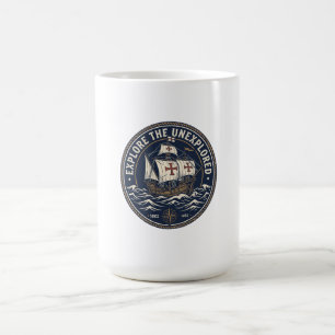 Ein Retro-Columbus-Tag-Emblem mit einem Karavellen Kaffeetasse