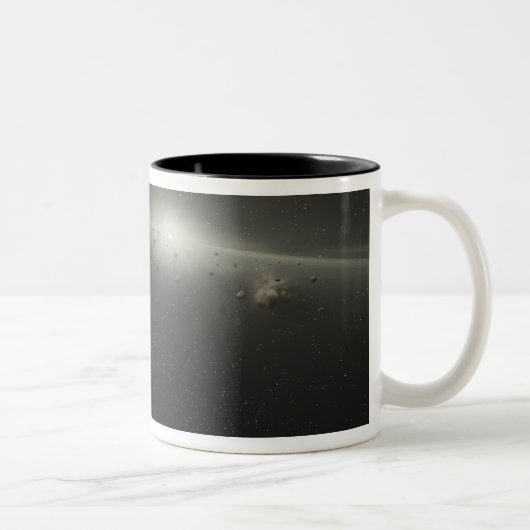 Ein riesiger Asteroidengürtel in Umlaufbahn um ein Zweifarbige Tasse (Rechts)
