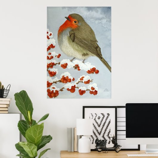 Ein Robin und Beeren im Schnee Poster (Heimbüro)