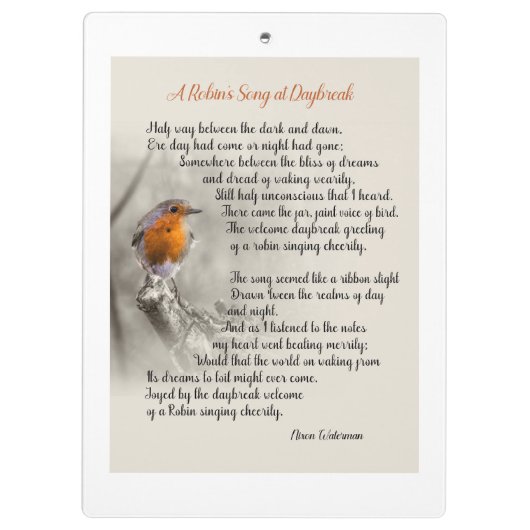 Ein Robin's Song am Daybreak - Gedicht von N. Wate Klemmbrett (Rückseite)