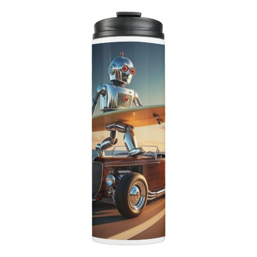 Ein Roboter, ein Surfbrett und ein Oldtimer Thermosbecher (Vorderseite)
