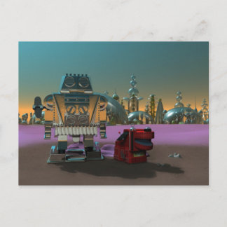 Ein Roboter und seine Hundepostkarte Postkarte