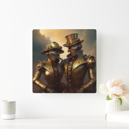 Ein robotisches Steampunkoppel in Liebe Quadratische Wanduhr (Zuhause)