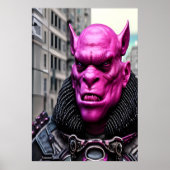 Ein rosa Alien Orc in der Stadt | AI Art Poster (Vorne)