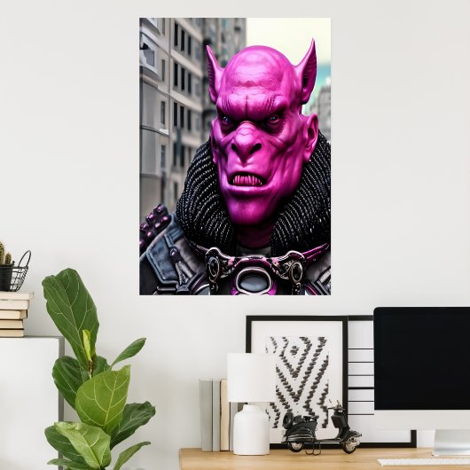 Ein rosa Alien Orc in der Stadt | AI Art Poster (Heimbüro)