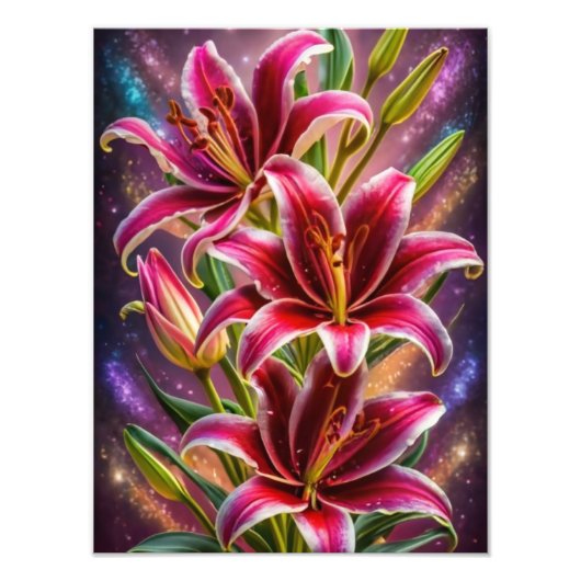 Ein rosa Burst: Stargazer Lilies in lebendigem Blu Fotodruck (Vorne)