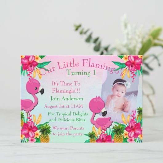 Ein rosa Flamingo Flamingling 1. bday Party laden Einladung (Stehend Vorderseite)