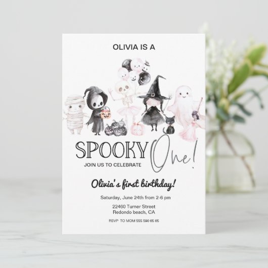 Ein rosa halloween Einladung 1. Geburtstag (Stehend Vorderseite)