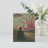 Ein rosa Oktopus und Ufos surreale KI generierten Postkarte (Stehend Vorderseite)
