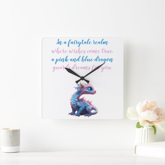 Ein rosa und blauer Drache bewacht Träume für Sie Quadratische Wanduhr (Zuhause)