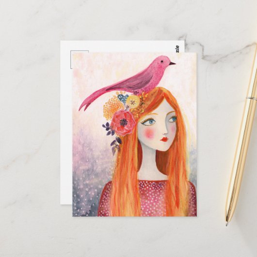 Ein rosa Vogel in ihrem Haar Postkarte (Vorderseite/Rückseite Beispiel)