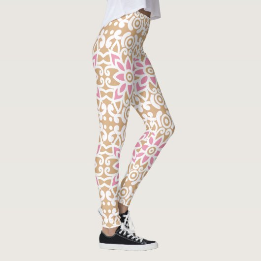 ein rosa-weiße Blume-Muster auf braunem Hintergrun Leggings (Rechts)