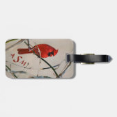 Ein roter Kardinals-Vogel auf einer Niederlassung Gepäckanhänger (Rückseite horizontal)