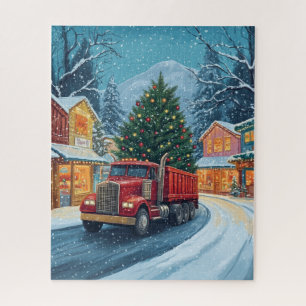 Ein roter LKW mit einem Weihnachtsbaum Puzzle