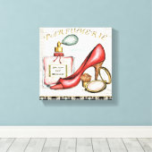 Ein roter Schuhputzer, eine Flasche Parfüm und Blu Leinwanddruck (Insitu (Holzboden))