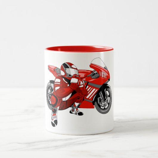 Ein rotes Motorrad und sein Pilot Zweifarbige Tasse (Mittel)