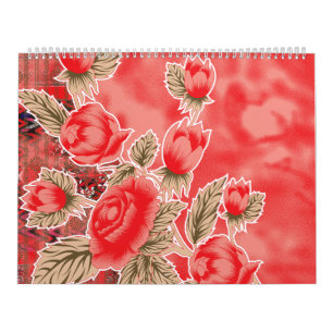 ein rotes Tuch mit Blumen darauf Kalender