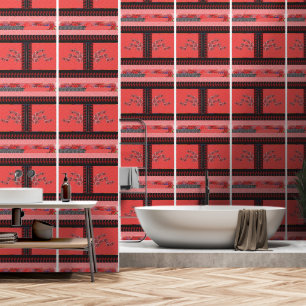 ein rotes und schwarzes Muster mit Blume darauf Tapete