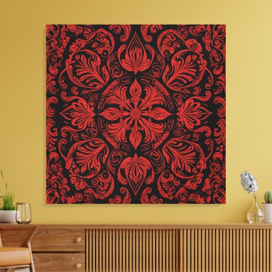 ein rotes und schwarzes Quadrat mit Blumenmotiven Leinwanddruck (Insitu (Wohnzimmer))