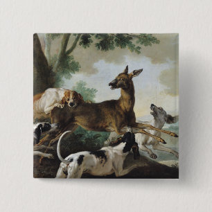 Ein Rotwild gejagt durch Hunde, 1725 Button