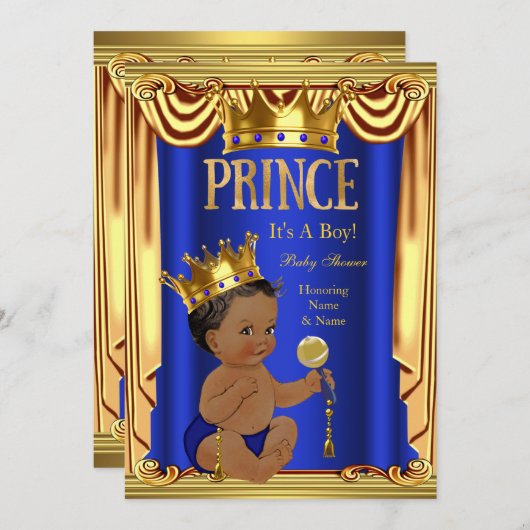 Ein Royal Blue Prince Baby Shower Gold Boy Ethnic Einladung (Vorne/Hinten)