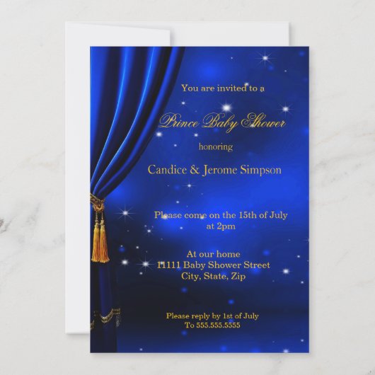 Ein Royal Prince Baby Dusche Blue Gold Stuhl Einladung (Rückseite)