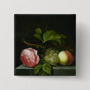 Ein ruhiges Leben mit einer Rose, Trauben und Button