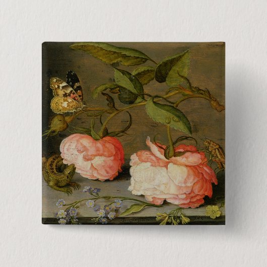 Ein ruhiges Leben mit Rosen auf einer Leiste Button (Vorderseite)