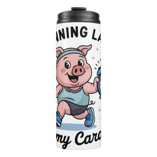 Ein Running Pig mit einer Uhr Thermosbecher (Vorderseite)