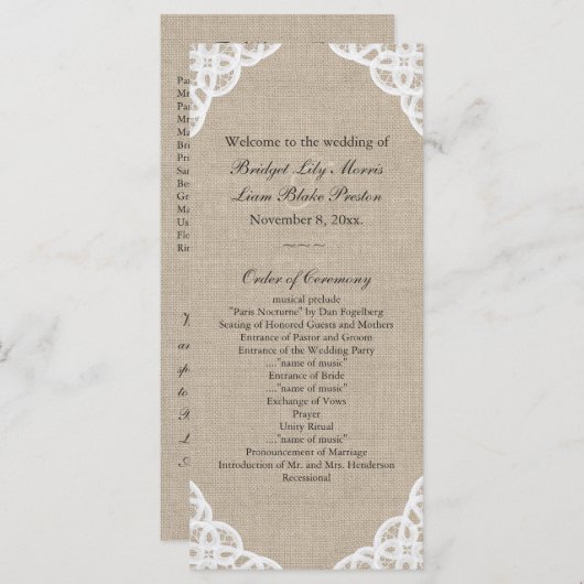 Ein rustikales Hochzeitsprogramm für Lace & Burlap Programm (Vorne/Hinten)