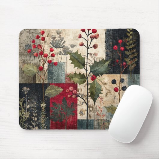Ein rustikales Winter-Patchwork mit Stechpalmen-Be Mousepad (Mit Mouse)