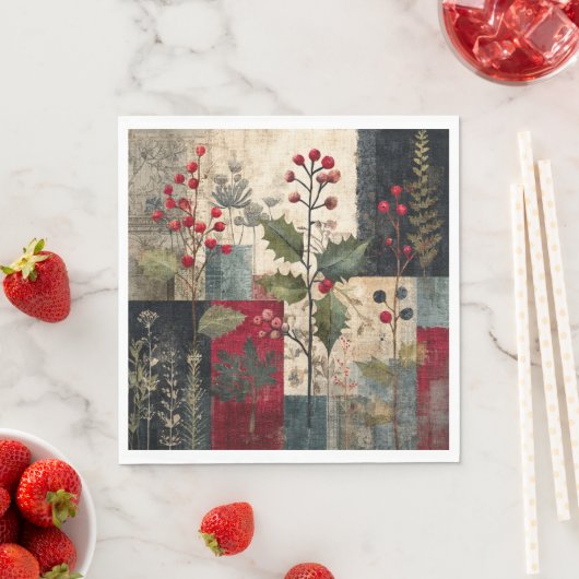 Ein rustikales Winter-Patchwork mit Stechpalmen-Be Serviette (Beispiel)