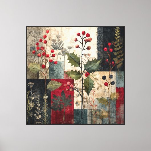 Ein rustikales Winter-Patchwork mit Stechpalmenbee Leinwanddruck (Vorderseite)