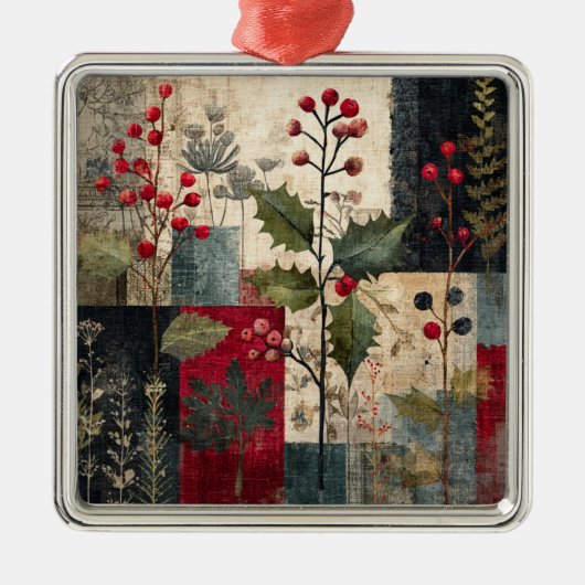Ein rustikales Winter-Patchwork mit Stechpalmenbee Ornament Aus Metall (Vorne)