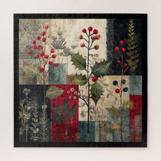 Ein rustikales Winter-Patchwork mit Stechpalmenbee Puzzle (Vertikal)