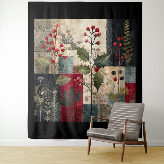 Ein rustikales Winter-Patchwork mit Stechpalmenbee Wandteppich (Beispiel)