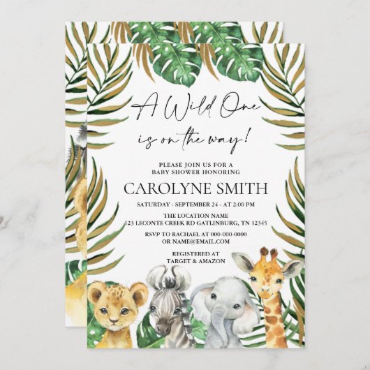 Ein Safari-Jungle-Tiere Kinderdusche Einladung (Vorne/Hinten)