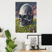 Ein Schädel auf einem Feld der Blume | AI Art Post Poster (Heimbüro)