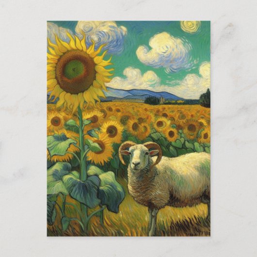 Ein Schaf mit Hörnern im Sonnenblumenfeld Van Gogh Postkarte (Vorderseite)