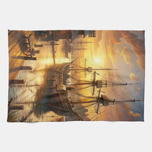 Ein Schiff an den Docks Geschirrtuch (Horizontal)