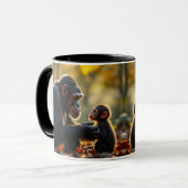 Ein Schimpanse schaut mit Liebe auf sein Baby. Tasse (Vorderseite Links)