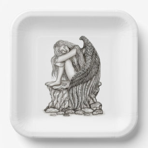 Ein schlafender Engel auf dem Stein Pappteller